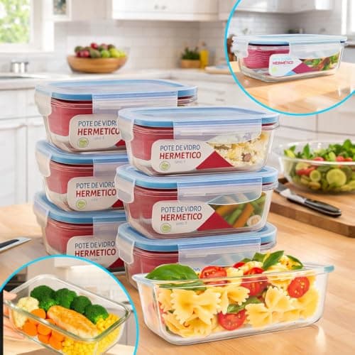 Kit 6 Potes Herméticos de Vidro 640ml com 4 Travas Borossilicato Marmita Fit Freezer Micro-ondas