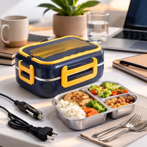 Marmita Elétrica Inox 3 Divisórias Lancheira Térmica 1,5L Bivolt 110v 220v e Veicular 12v para Carro Caminhão Uber Aquecedor de Comida Portátil Automática Profissional Kit com Talheres Inox