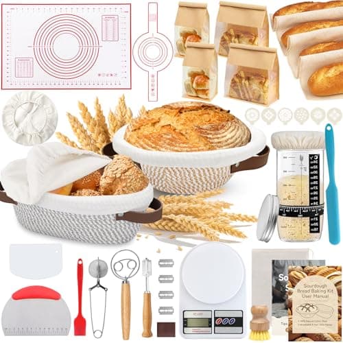 Aliggbent Kit Com 38pç Para Fazer Pão De Fermentação Natural: Cestos De Fermentação De Corda De Algodão De 28 Cm (Oval) E 25 Cm (Redondo), Com Forros E Tampas; Kit Para Fermento Natural Em Pote