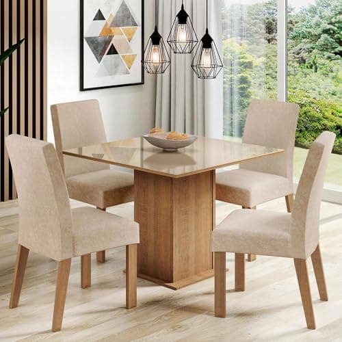 Sala de Jantar Madesa Evelin Mesa Tampo de Vidro com 4 Cadeiras - Rustic/crema/imperial