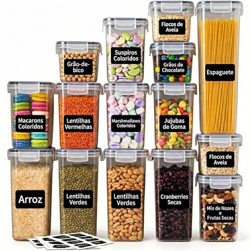 Kit 15 Potes Herméticos para Mantimentos com Tampa Vedação de Silicone e Travas, Organizadores de Cozinha e Despensa, Empilhável, Transparente, Porta Alimentos, Grãos, Cereais, Farinha, Sem BPA