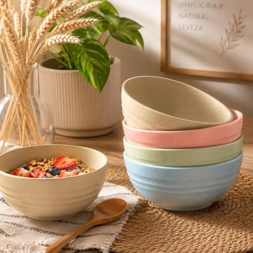 Tigela Pote Vasilha Bowl Cumbuca Palha de Trigo 4 Peças Conjunto Resistente Recipientes Sustentáveis Sobremesas Utensílios Tigela para Frutas Snacks Plastico Ecológico (Colorido)