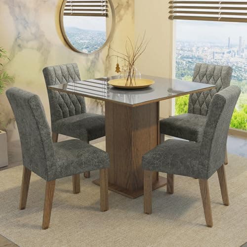 Conjunto Sala de Jantar Mesa Tampo de Vidro 4 Cadeiras Rustic/cinza/silver Anaju Madesa