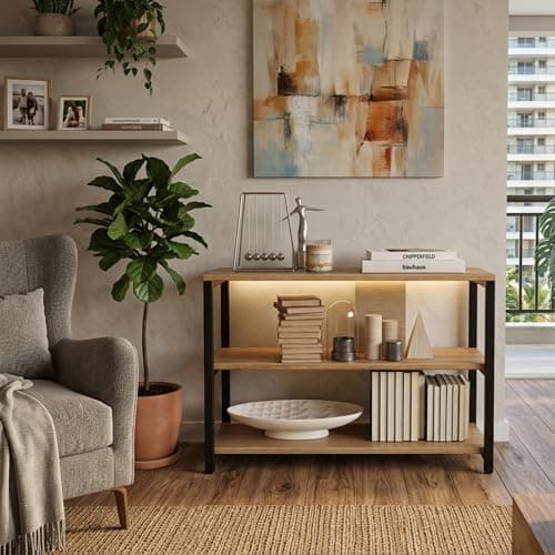 Aparador Industrial 3 Prateleiras para Sala – Estante Decorativa Multiuso com Estrutura em Metal e Tampo em Madeira – Organizador para Sala, Hall de Entrada e Decoração