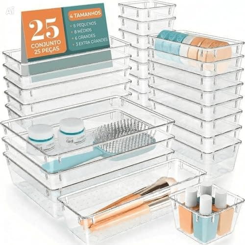 Kit Conjunto 25 Caixas Acrílico Organizador Gaveta Armário Geladeira Maquiagem