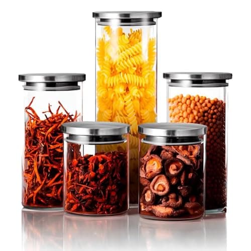 Kit 5 Potes Herméticos Redondo de Vidro Borossilicato com Tampa de Aço Inox Premium