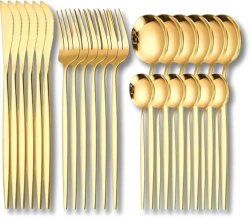 Conjunto de Talheres Dourado 24 Peças – 6 Conjuntos de Faca, Garfo, Colher e Colher de Chá – Aço Inoxidável Premium, Resistente a Manchas, Lavável em Máquina - Premium
