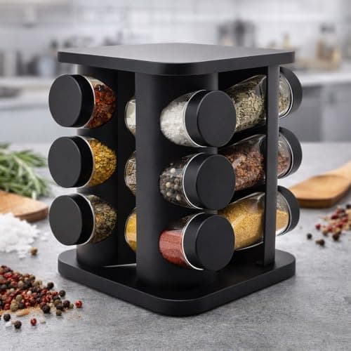 Porta Temperos Giratório Premium 12 Potes de Vidro 85ml Organizador de Temperos Base 360 Cozinha Moderna Preto