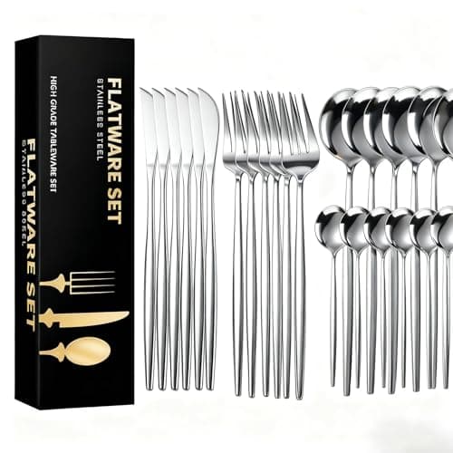 AUXOM Faqueiro 24 Peças em Aço Inox 416 - Jogo de Talheres Premium com Caixa Litografada, Polido e Espelhado de faca e garfo Conjunto para Mesa Posta e Utensílios de Casa/Restaurante (Prata)