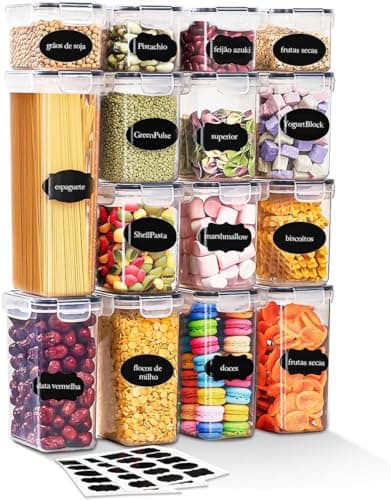 Kit 15 Potes Herméticos Organizadores de Cozinha Empilháveis sem BPA 0,8L a 2,8L Porta Alimentos Despensa Arroz Cereais Massas Geladeira Freezer