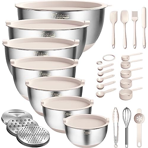 Conjunto de Tigelas de Preparo Wildone com Tampas Herméticas, Empilháveis, Aço Inoxidável, 27 Peças, 3 Acessórios Raladores, Marcação de Escala e Base Antiderrapante, Capacidade de 0,6L a 4,7L