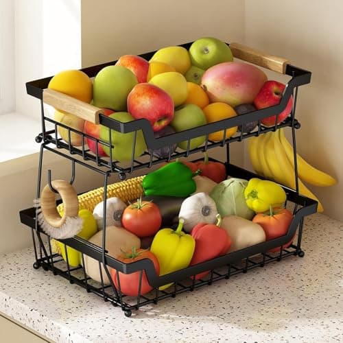Fruteira de Mesa 2 Andares, Cesto de Frutas de Metal com Alça, Organizador Multifuncional de Frutas e Verduras, Fruteira de Cozinha para Armazenamento e Decoração de Casa