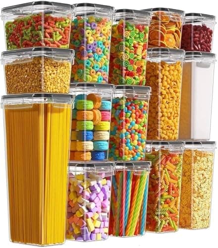 Kit Premium 15 Potes Herméticos – Vedação em Silicone, BPA Free, Organizadores de Despensa Empilháveis, Tampa com Trava 4 Lados - Mantimentos Sempre Frescos + Cozinha Organizada. Gamora LTDA