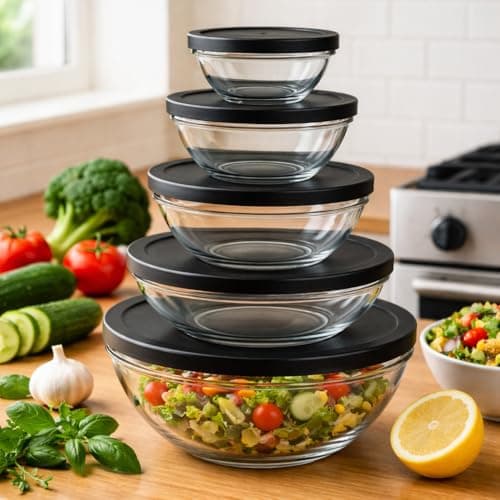Conjunto de 5 Bowls de Vidro com Tampa Preta, Recipientes Herméticos para Alimentos, 140ml a 930ml, Transparente
