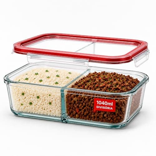 Potes de Vidro Hermético 1040ml Com Divisória e Tampa Plástica, Ideal para Marmita Fit, Armazenamento de Alimentos, Micro-ondas e Forno, Conjunto de Vidro Super Resistente Linha Premium