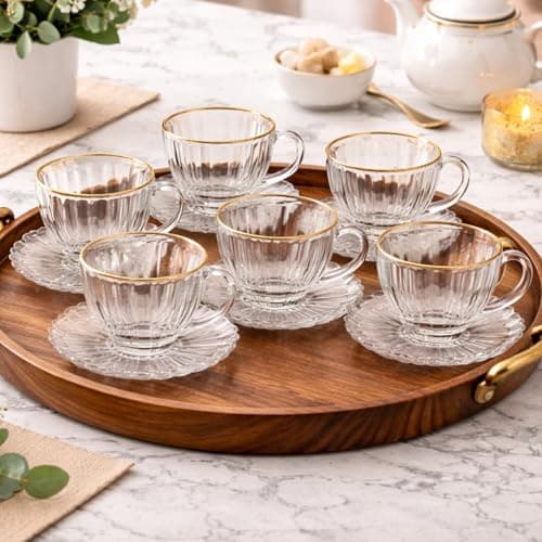 Jogo de Xícaras com Pires Cristal 6 Unidades Fio de Ouro – Design Elegante Moderno com Borda Dourada, Ideal para Café, Chá e Mesa Posta Sofisticada, Acabamento Premium