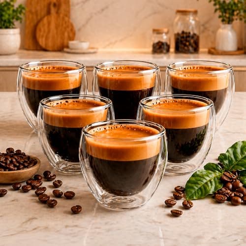 Conjunto com 6 Xícaras de 80ml Vidro para Café de Parede Dupla, Feito de Vidro Borossilicato - Jogo de Xícara para Chá, Café e Bebidas Quentes e Frias Presente Cozinha Elegante
