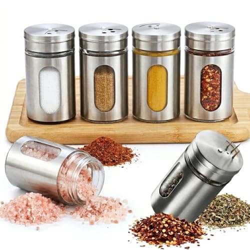 Kit com 6 Porta Temperos Inox e Vidro – Organizador de Temperos Cozinha, Porta Condimentos Giratório 3 Níveis, Potes com Tampa, Saleiro e Pimenteiro Aço Inoxidável