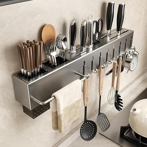Organizador Multiuso/Suporte de Parede/Porta Utensílios, Talheres e Porta Pano de Pratos com 8 ganchos 50cm, em metal, super resistente, moderno e funcional, sua cozinha muito mais charmosa!
