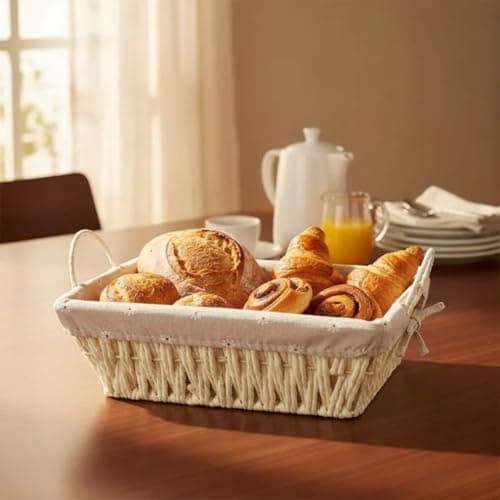 Cesta Pão Retangular Com Forro Tecido Removível Cesta Café da Manhã Mesa Posta Organizador Multiuso Fruteira Pequena Cesto Decorativo Cozinha 26,5cm Xadrez Floral Bolinhas Arabesco (Floral)