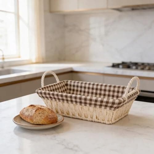 Cesta Pão Retangular Com Forro Tecido Removível Cesta Café da Manhã Mesa Posta Organizador Multiuso Fruteira Pequena Cesto Decorativo Cozinha 26,5cm Xadrez Floral Bolinhas Arabesco (Xadrez)
