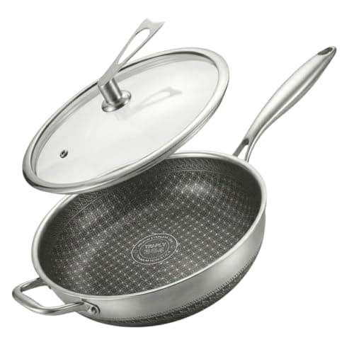 Frigideira Wok Antiaderente Em Aço Inox Corpo Triplo 30cm 5L Com Tampa De Vidro Temperado Livre De PFOA Apto Para Lava-Louças