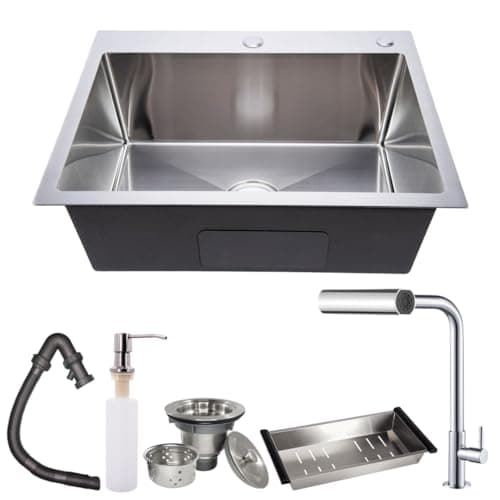 Cuba Pia Inox Cozinha Gourmet Embutir ou Sobrepor Completa Aço Inox 304 60x45 Quadrada Escovada e Torneira Gourmet Cromada Bancada 4 Jatos SOFTINOX — Kit Cuba Inox e Acessórios Cozinha