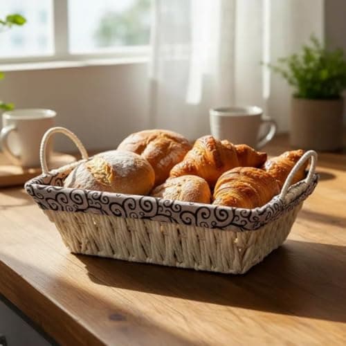 Cesta Pão Retangular Com Forro Tecido Removível Cesta Café da Manhã Mesa Posta Organizador Multiuso Fruteira Pequena Cesto Decorativo Cozinha 26,5cm Xadrez Floral Bolinhas Arabesco (Arabesco)