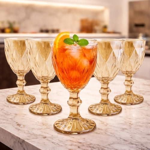 Conjunto de 6 Taças Stella 300ml, Vidro Trabalhado com Relevo Geométrico, Tonalidade Âmbar, Base Reforçada, para Vinhos, Sucos e Drinks